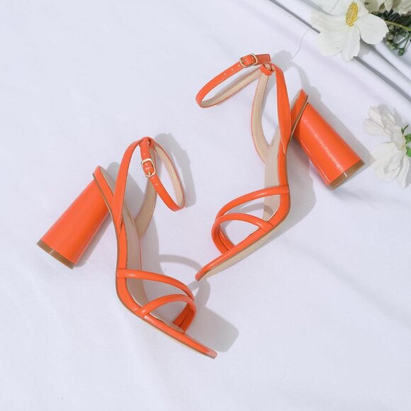 Women's Orange Square Open Toe Strappy Ankle Strap Block Heeled Sandals Shoes - Picture 5 of 9